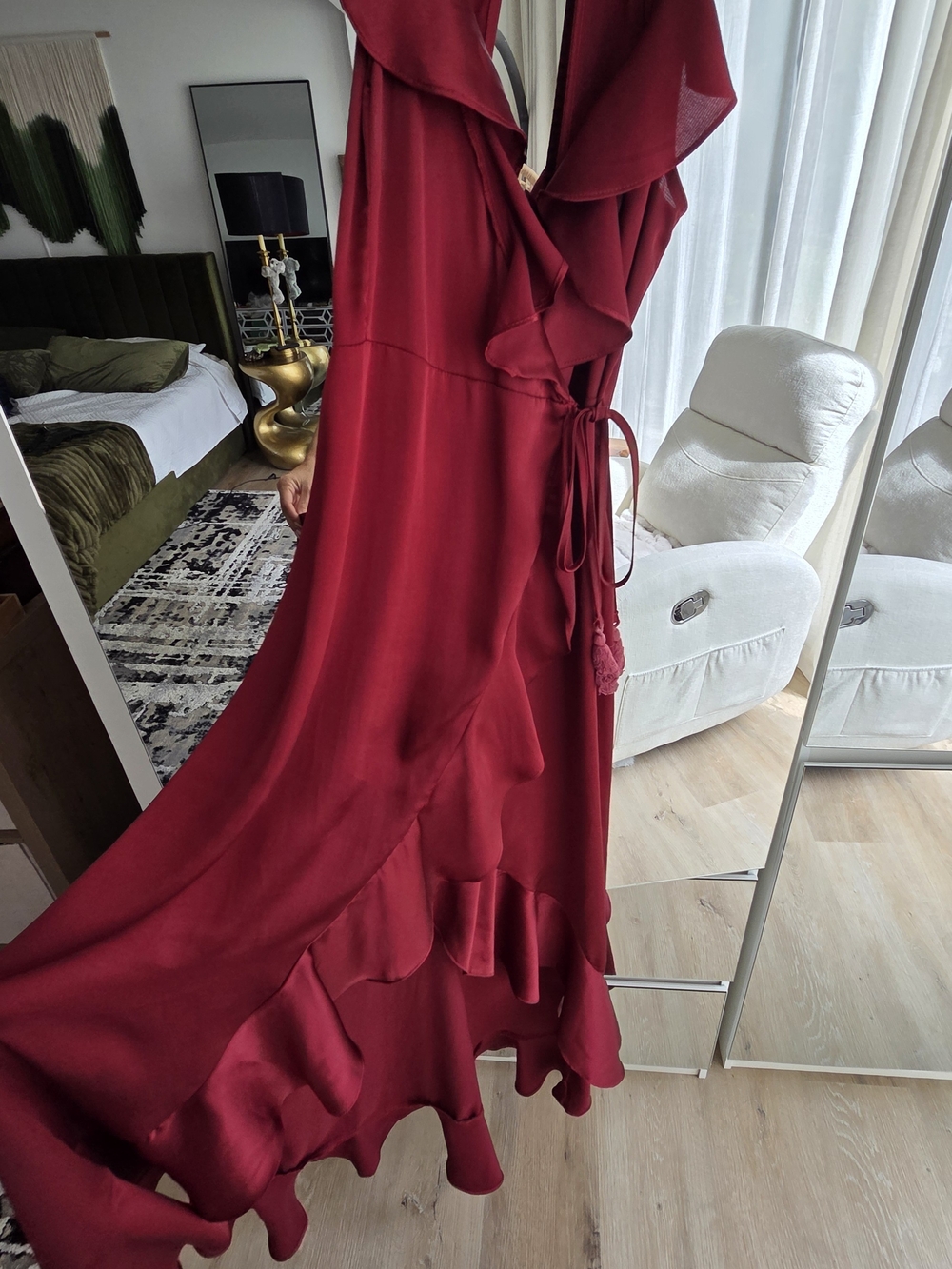 Elegant Women's Ruffle Wrap Dress in Deep Red